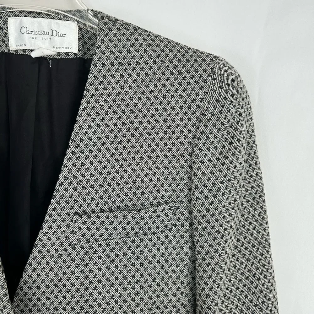 Vintage 80s 90s Christian Dior 100% Wool Monochrome Plaid Skirt Suit Set